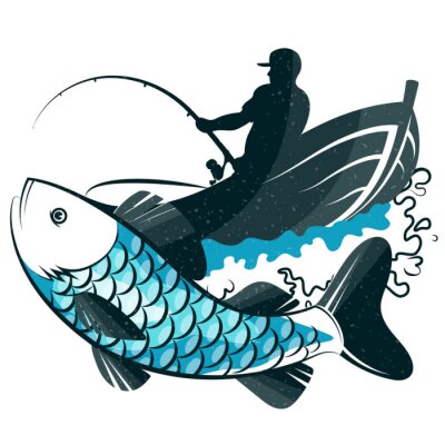 Sticker  Fisherman with fishing rod in a boat and fish catch