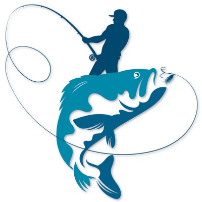 Sticker  Fisherman with fishing rod in his hands caught a fish silhouette
