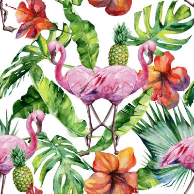 Flamants colorés et fleurs tropicales