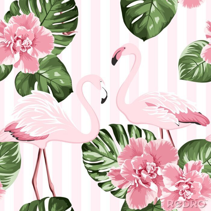 Sticker  flamants rose clair et feuilles de philodendron