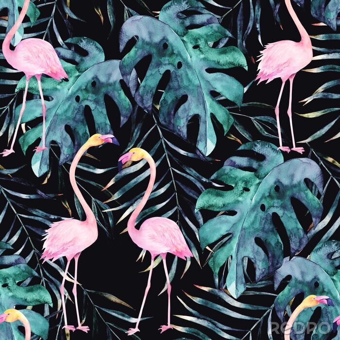 Sticker  Flamants roses et feuilles de monstera sur fond noir