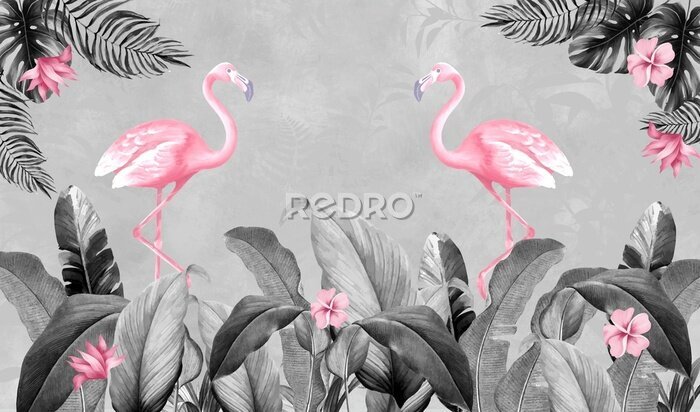 Sticker  Flamants roses et feuilles tropicales grises