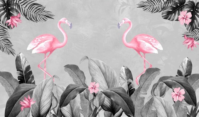 Sticker  Flamants roses et feuilles tropicales grises