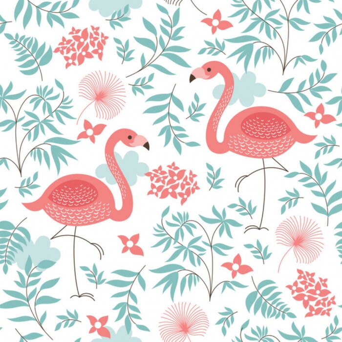 Sticker  Flamants roses fleurs et feuilles