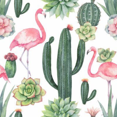 Papier peint à motif  Flamants roses parmi les cactus et les plantes succulentes