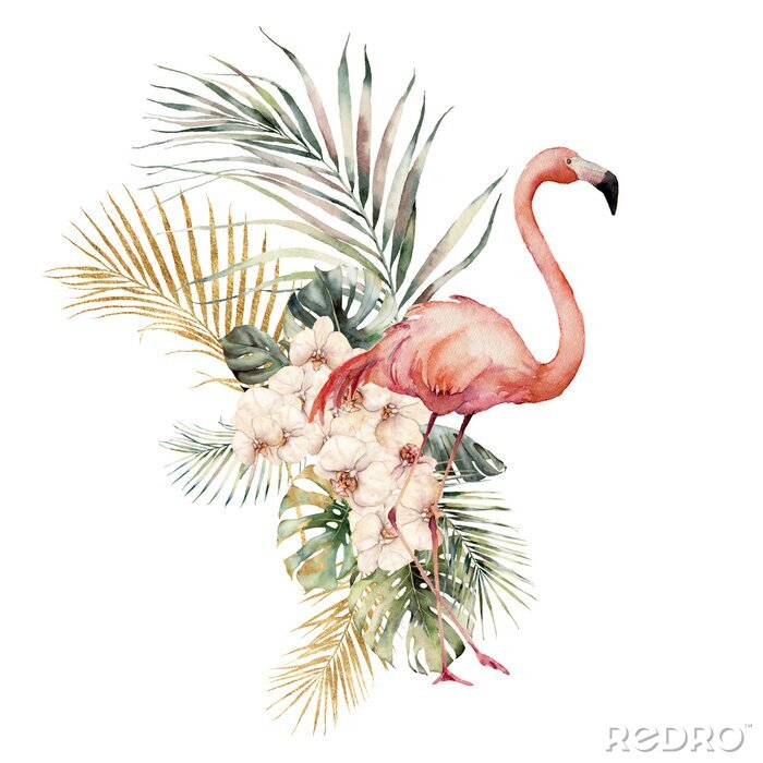 Sticker  Flamingo entouré de plantes tropicales
