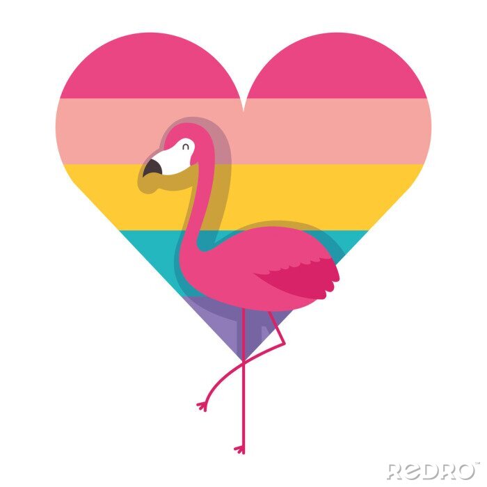 Sticker  flamingo et amour de coeur avec illustration vectorielle de couleur arc-en-ciel