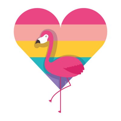 Sticker  flamingo et amour de coeur avec illustration vectorielle de couleur arc-en-ciel