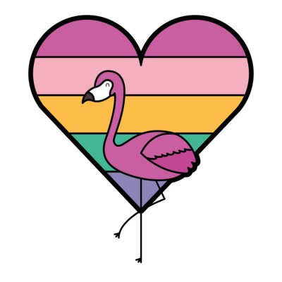 Sticker  flamingo et amour de coeur avec illustration vectorielle de couleur arc-en-ciel