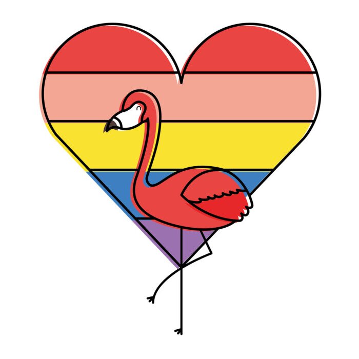 Sticker  flamingo et amour de coeur avec illustration vectorielle de couleur arc-en-ciel