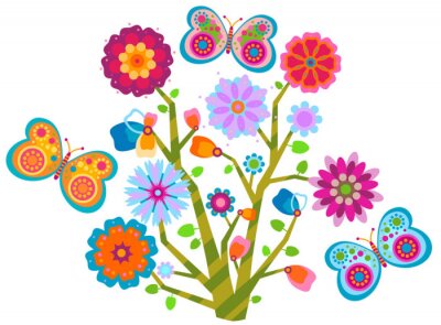 Sticker  Fleur abstraite arc-en-ciel et papillons multicolores