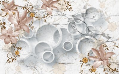 Fleurs 3D sur papier peint circulaire en marbre, rendu 3d.
