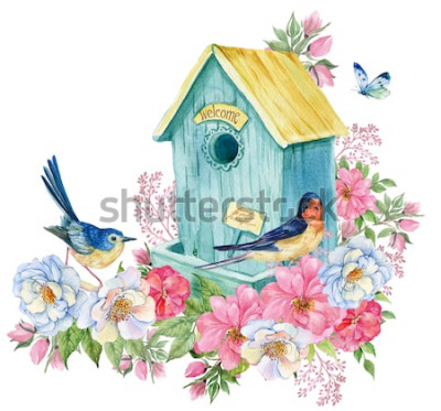 Sticker  Fleurs autour d'une maison d'oiseau