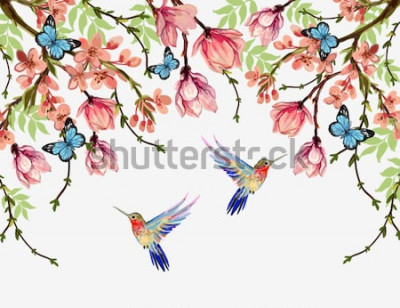 Sticker  Fleurs avec papillons et colibris