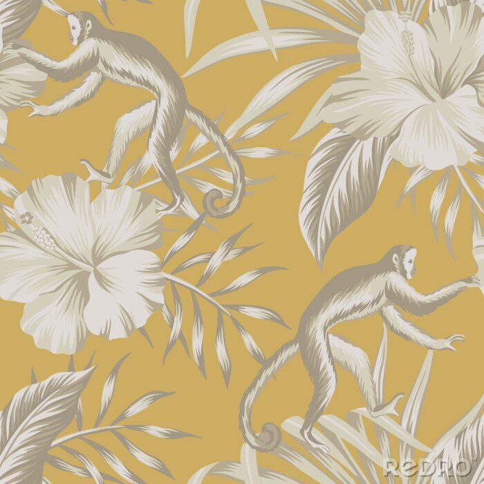 Sticker  Fleurs beiges et singes sur fond vintage jaune