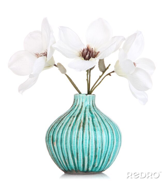 Sticker  Fleurs blanches dans un vieux vase turquoise