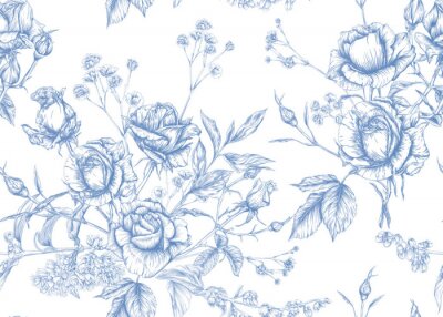 Fleurs bleues en style esquisse sur fond blanc
