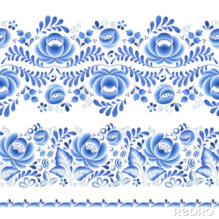 Sticker  Fleurs bleues ornement belle folklorique de porcelaine russe floral.