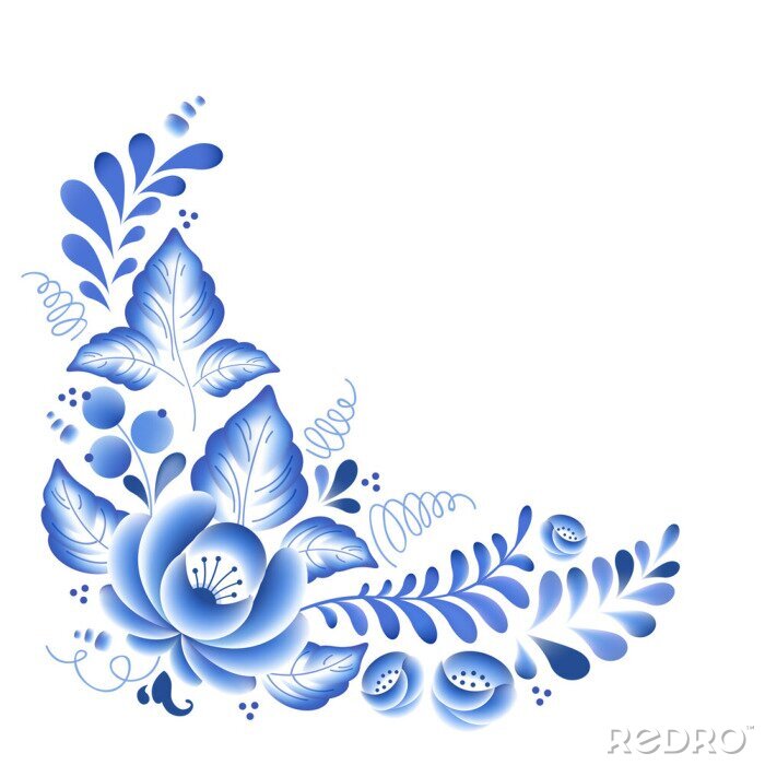 Sticker  Fleurs bleues ornement belle folklorique de porcelaine russe floral.