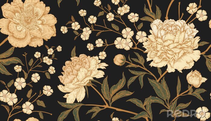 Sticker  Fleurs claires sur fond noir au style rétro