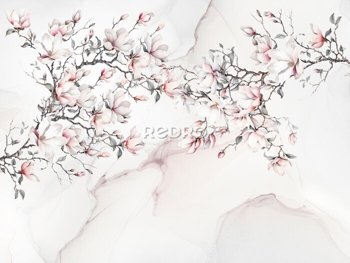 Sticker  Fleurs de magnolia sur fond de marbre abstrait