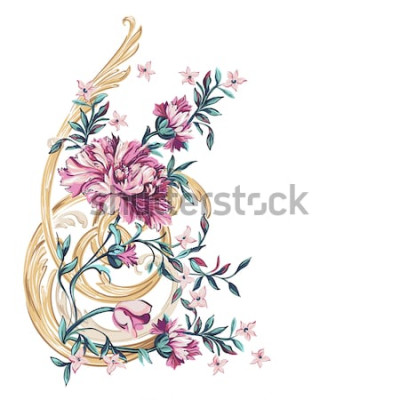 Sticker  fleurs décoratives avec motif barocco sur fond blanc