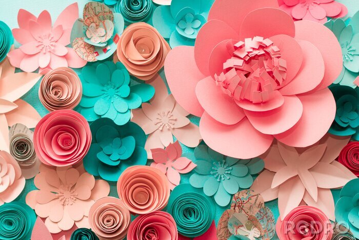 Sticker  fleurs en papier rose et turquoise 3d