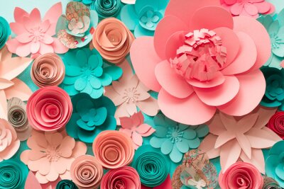 Sticker  fleurs en papier rose et turquoise 3d