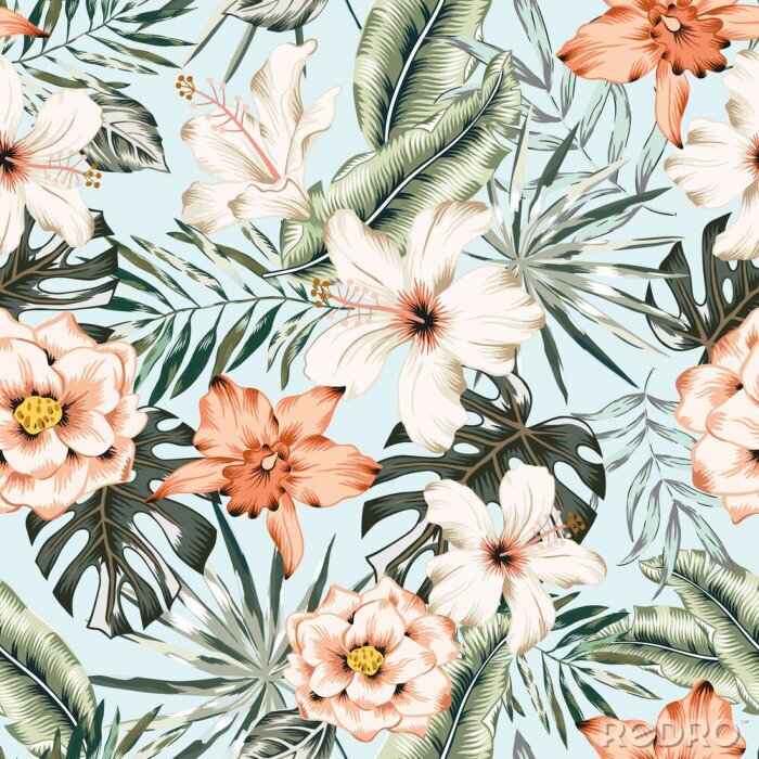 Sticker  Fleurs et feuilles pastel tropicales