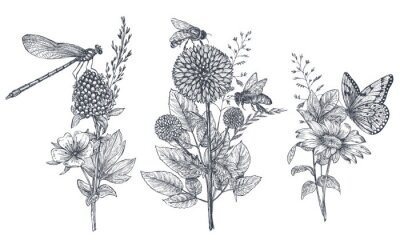 Sticker  Fleurs et insectes noirs et blancs