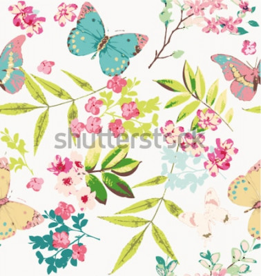Sticker  Fleurs et papillons dans une illustration romantique