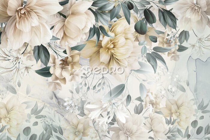 Sticker  Fleurs jaunes parmi les feuilles vertes