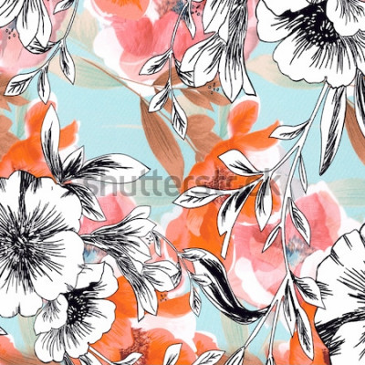 Sticker  Fleurs noires et blanches sur un fond coloré