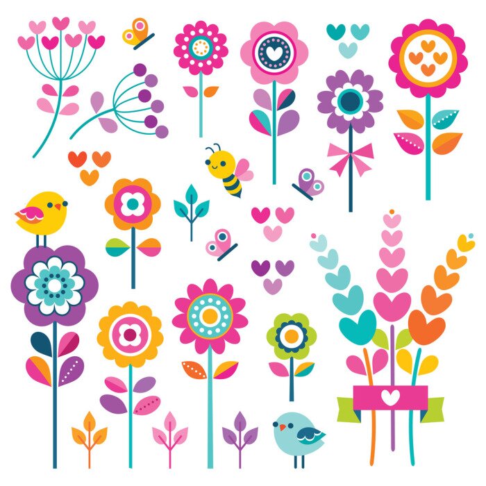 Sticker  Fleurs oiseaux abeilles papillons illustration multicolore