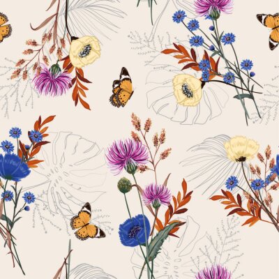 Papier peint à motif  Fleurs sauvages colorées et feuilles de monstera