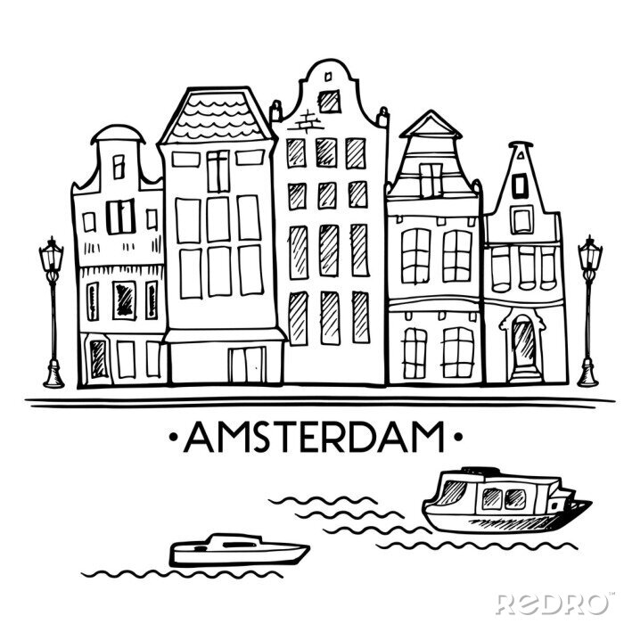 Sticker  Fond avec la main dessiné doodle Amsterdam maisons. Isolé noir et blanc. Illustration vecteur.