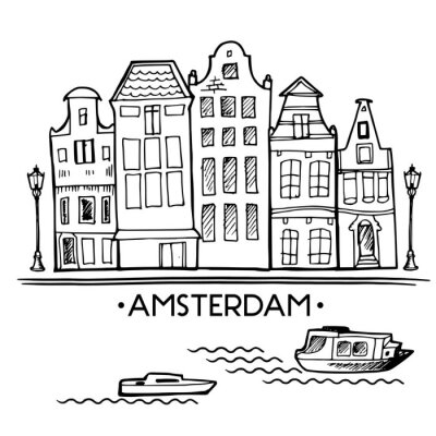 Sticker  Fond avec la main dessiné doodle Amsterdam maisons. Isolé noir et blanc. Illustration vecteur.