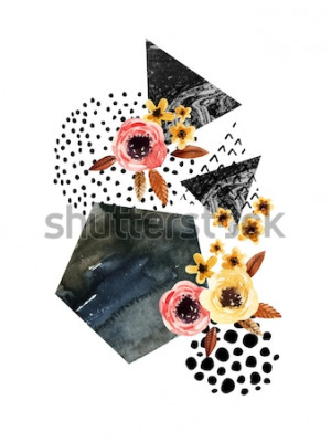 Sticker  Fond d'automne: feuilles tombantes, fleurs, éléments géométriques. Illustration aquarelle avec feuille, triangles, marbre, couleur de l'eau, textures de dessin à main levée pour la conception 