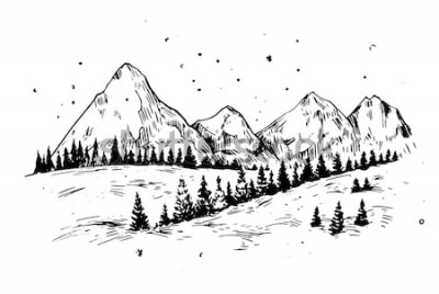 Sticker  Fond d'hiver avec les montagnes, la neige et les arbres. Illustration dessinée à la main convertie en vecteur.