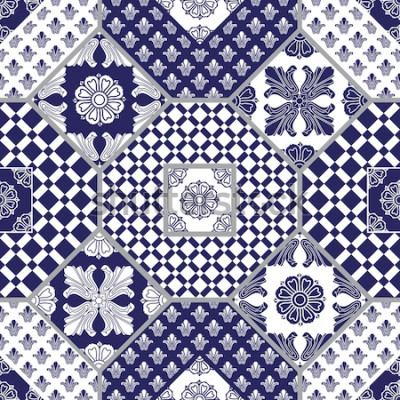 Sticker  Fond de patchwork sans soudure de vecteur d'ornements bleu et blanc foncé, motifs géométriques, feuilles et fleurs stylisées