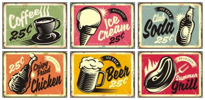 Sticker  Food and drinks vintage restaurant signs collection. Set of retro advertisements for coffee, beer, ice cream, club soda, grill and fried chicken. Vector illustration.