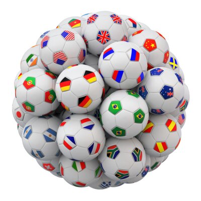 Sticker  Football, football, balles, nations, équipes, drapeaux, isolé, blanc, fond