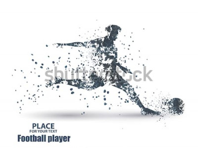 Sticker  Football player, kick a ball, particle divergent composition, vector illustration