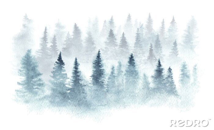 Sticker  Forêt d'hiver dans un brouillard peint à l'aquarelle.