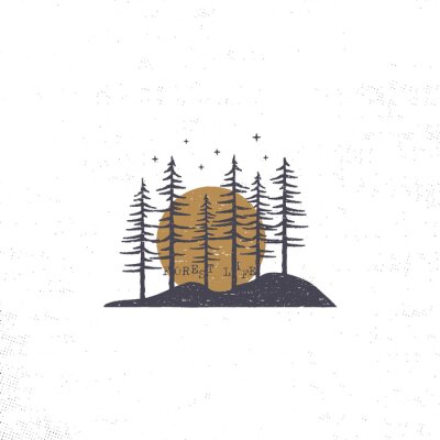 Sticker  Forêt de dessinés à la main avec le concept de soleil. Pine tree texturé illustration avec des étoiles. Isolé sur fond blanc Parfait pour le camping, le logo d'aventure ou les badges.
