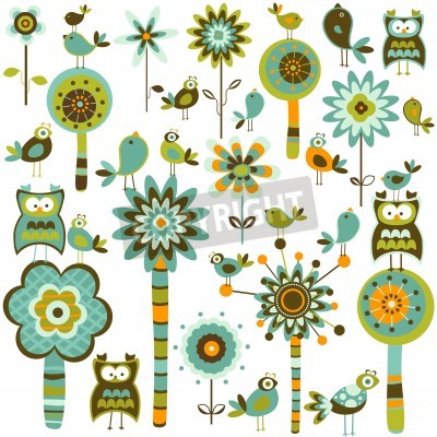 Sticker  forêt de fantaisie avec des arbres de fleurs et d'oiseaux