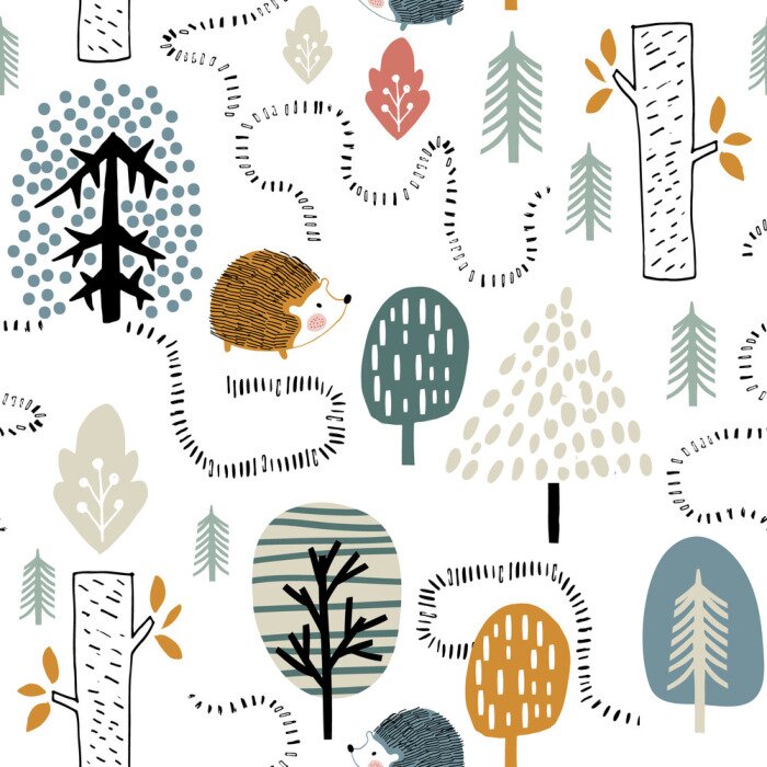Sticker  Forêt et hérissons mignons dans un style scandinave