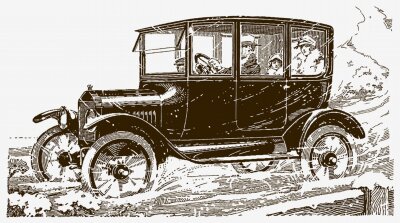 Sticker  Four people driving in a vintage car in a snowy landscape. Illustration after a historical engraving from the early 20th century