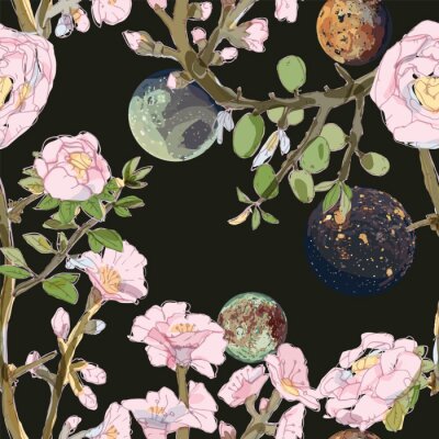 Sticker  Four space planets and brunches pink flowers on a endless black background. Night moon's and roses seamless vector illustration.