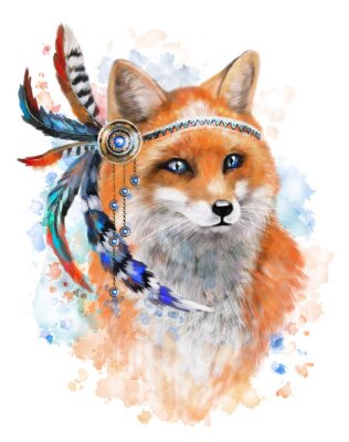 Sticker  .fox avec plumes rouges et bleues. Or jewerly avec des gemmes et des plumes sur fond d'aquarelle. Splash peinture. Illustration ethnique de renard. Renard tribal, isolé